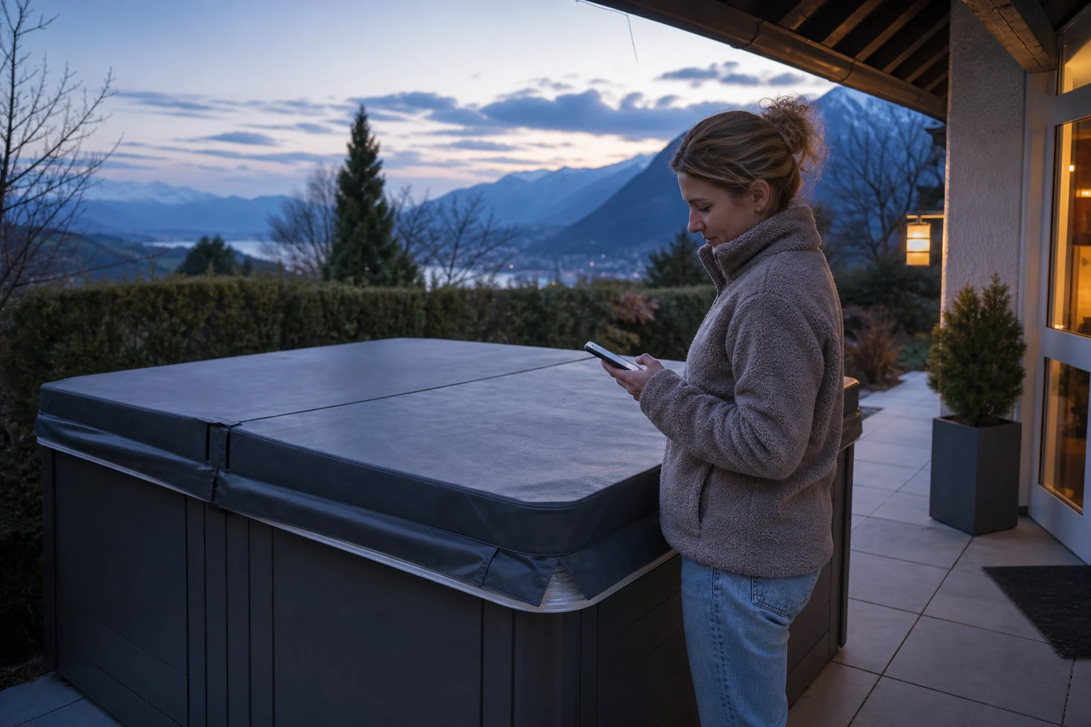 Une personne note sur un téléphone le moment et le contexte d’une observation de spa, sans toucher aux commandes