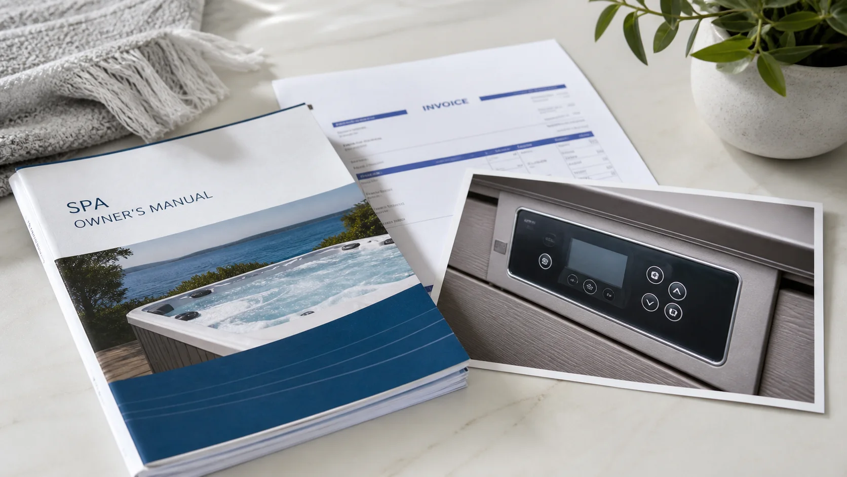 Dossier de spa avec manuel, facture partiellement masquée et photo d’un panneau de commande visible