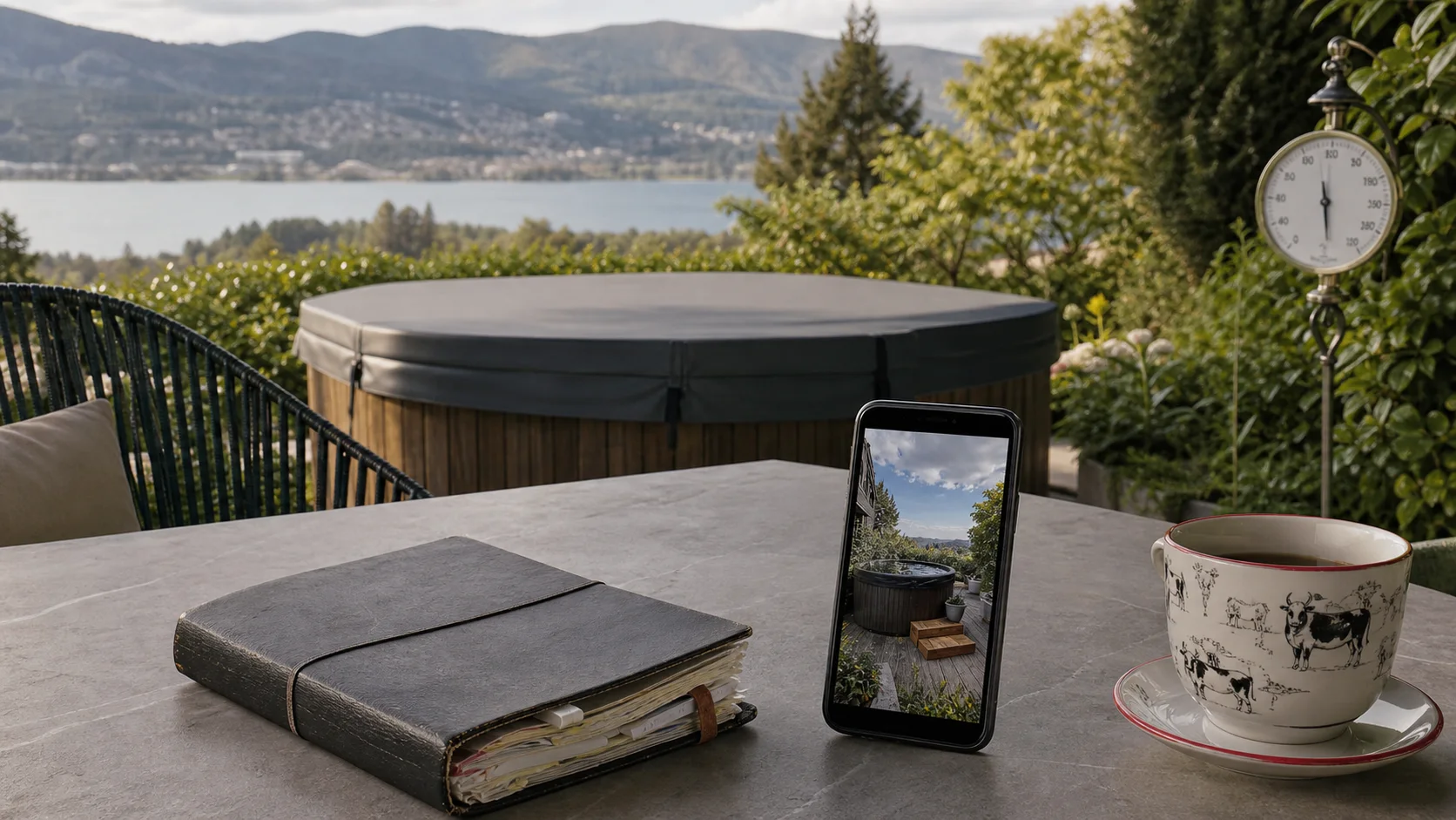 Carnet daté, photo du panneau de spa et thermomètre de jardin posé à distance près d’un jacuzzi fermé